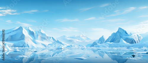 Minimalist paper-cut illustration of glaciers melting rapidly, stark representation of global warming, blurred backdrop, © FoxGrafy