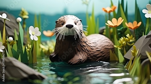 Minimalist paper-cut style of an otter in a river, realistic 3D render, photo