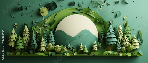 Fototapeta Naklejka Na Ścianę i Meble -  Minimalist paper cut style globe made of layered green leaves, eco-friendly design on a flat lime background,