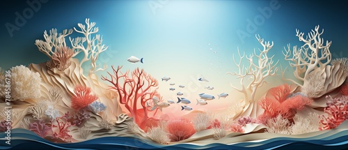Paper-cut illustration of a coral reef bleaching event, minimalist 3D style, highly blurred oceanic background, photo