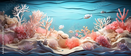 Paper-cut illustration of a coral reef bleaching event  minimalist 3D style  highly blurred oceanic background 