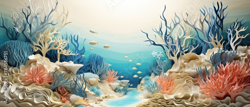 Paper-cut illustration of a coral reef bleaching event, minimalist 3D style, highly blurred oceanic background, photo