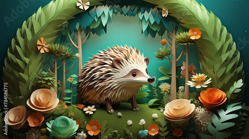 Paper-cut illustration of a hedgehog in a garden, realistic textures, minimalist 3D style,