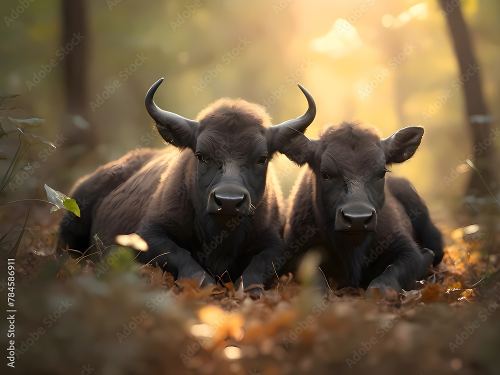 buffalo in the field bull and calf buffalo in the field bull and calf