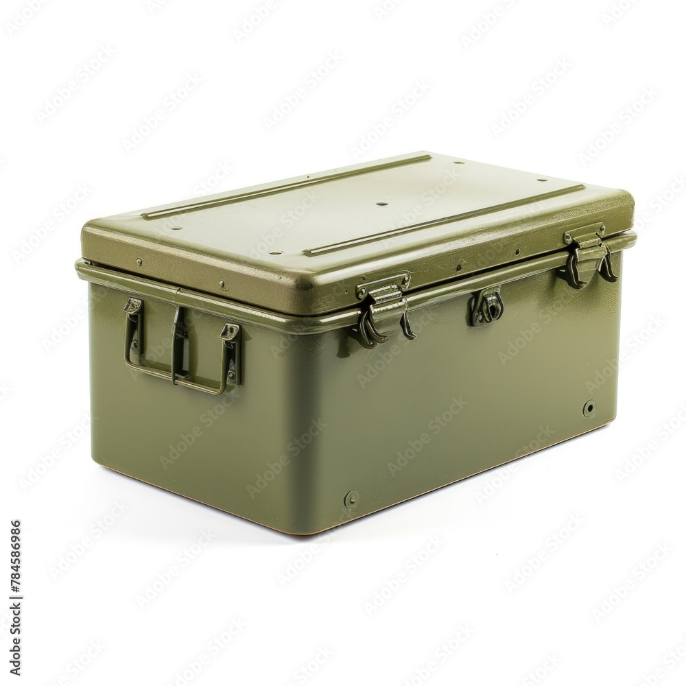 Big green military box on white background. AI generative. - obrazy, fototapety, plakaty 