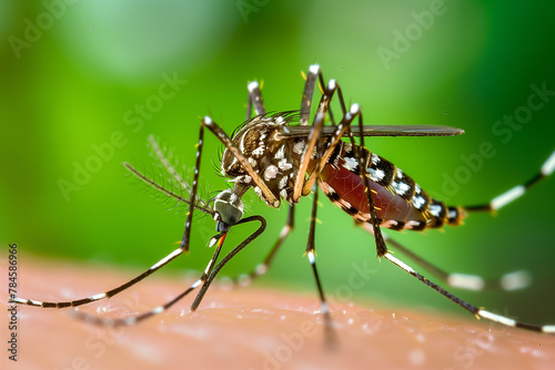 Dengue hemorrhagic fever, aedes mosquito sucking human blood on skin. © manassanant
