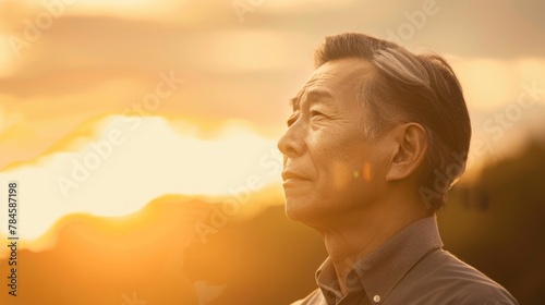 Serene Senior Asian Man Enjoying a Sunset Moment