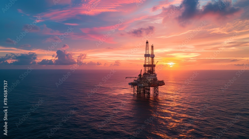 A drone captures the sunset view of an offshore jack-up rig, highlighting the exploration and extraction of oil at sea