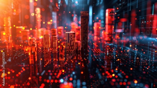 Mesmerizing Digital Pixel Scatter Cityscape Background with Glowing Lights and Information Flow