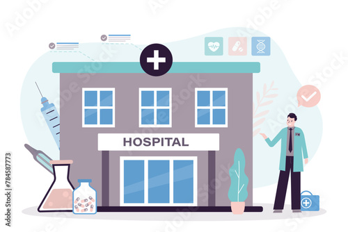 Hospital, exterior, outside view. Professional clinic with doctor, pharmacy and medication. Assistance in urgent expansion and visualization of disease pills.