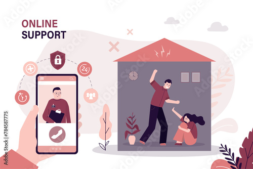Angry boyfriend beating girl. Domestic violence in room interior. Hand holding mobile phone with support and social assistance app. Couple or families in argument. Social issues