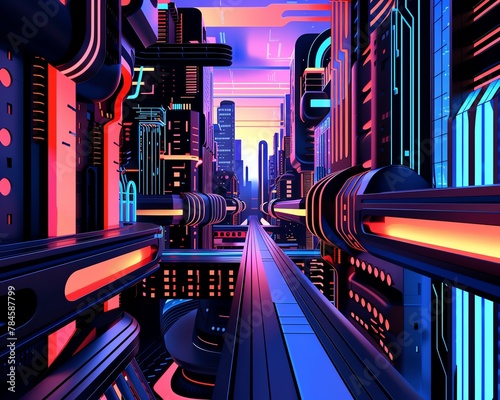 Bring to life a futuristic cityscape with CG 3D rendering, blending abstract art elements in vibrant hues Experiment with unusual camera angles to showcase the intricate details from an aerial perspec photo