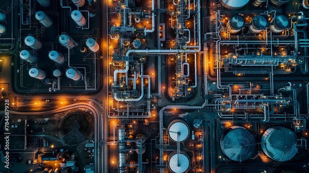 Aerial view of an oil refinery plant at night, emphasizing the industrial scale and environmental considerations of the oil and gas industry