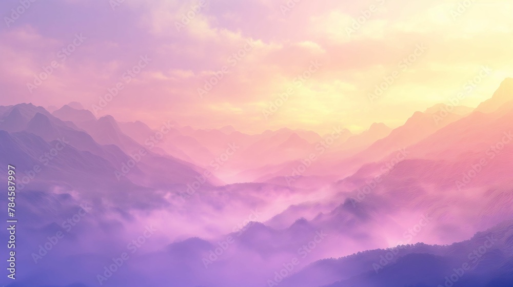Dreamy Mountains in Mist, Pastel Sunrise Hues, Tranquil Landscape
