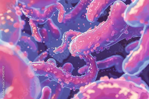 Craft a compelling digital rendering of a low-angle view of Clostridium in photorealistic style, highlighting its intricate structure and color variations photo