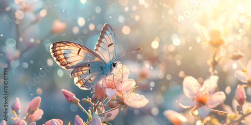 Spring background with blooming cherry tree and butterfly photo