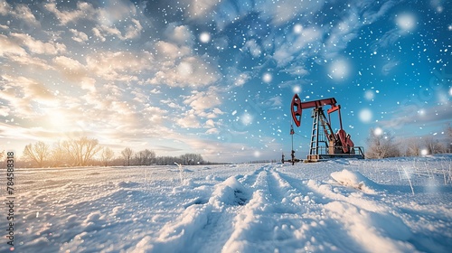 An oil pump jack operates under a blue sky with clouds, symbolizing ongoing energy production even in winter