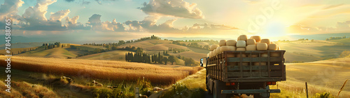 Cargo truck full of cheese products on the road in the pasture with sheep in a tuscany countryside and sunset. Concept of high quality food products, local farming, cargo and shipping.