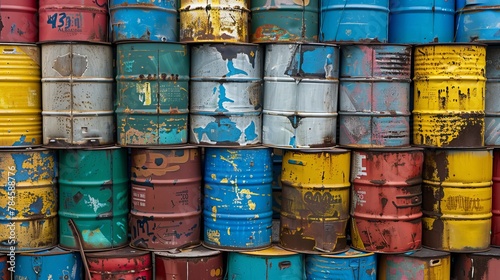 Oil barrels or chemical drums stacked up, indicating hazardous waste and the scale of hydrocarbon storage © Orxan