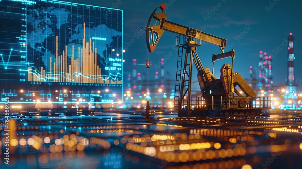 Oil extraction machinery at work, with digital displays showing global financial data and stock market trends related to natural resources