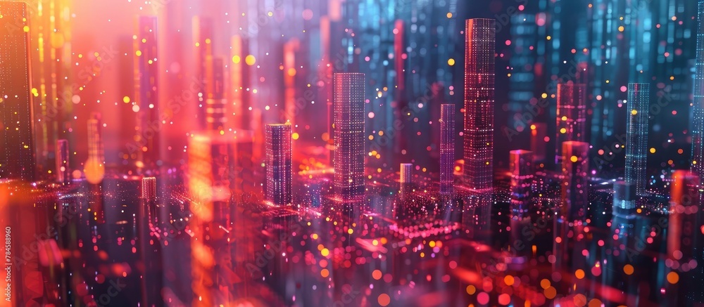 Futuristic Cityscape of Illuminated Metropolis with Vibrant Geometric Data Visualization