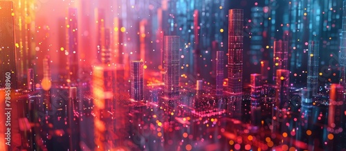 Futuristic Cityscape of Illuminated Metropolis with Vibrant Geometric Data Visualization