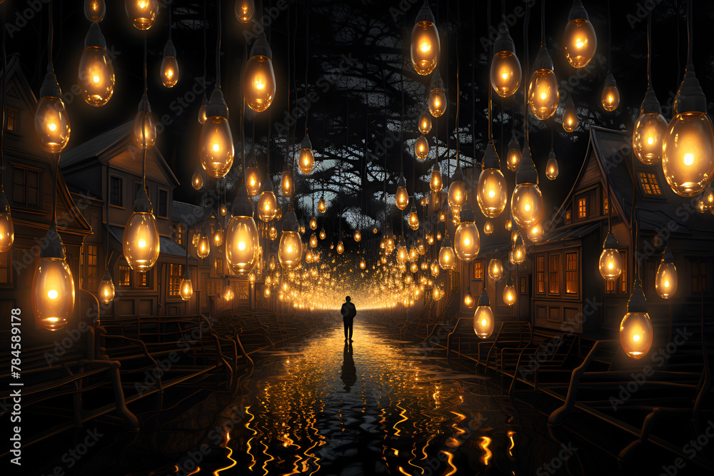 Silhouette of a person standing under a canopy of glowing bulbs with reflection on water, illustration with magical, dreamy scene suitable for storytelling or fantasy concept