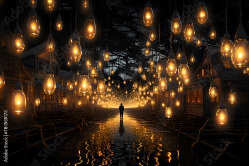 Silhouette of a person standing under a canopy of glowing bulbs with reflection on water  illustration with magical  dreamy scene suitable for storytelling or fantasy concept