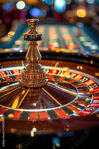 Casino table with a roulette wheel in the center surrounded by betting chips and cards