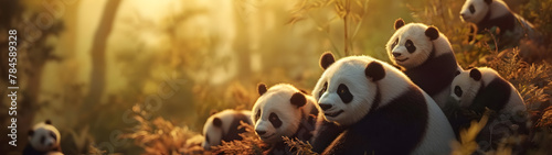 Panda bear family at the rain forest with setting sun shining. Group of wild animals in nature. Horizontal, banner.