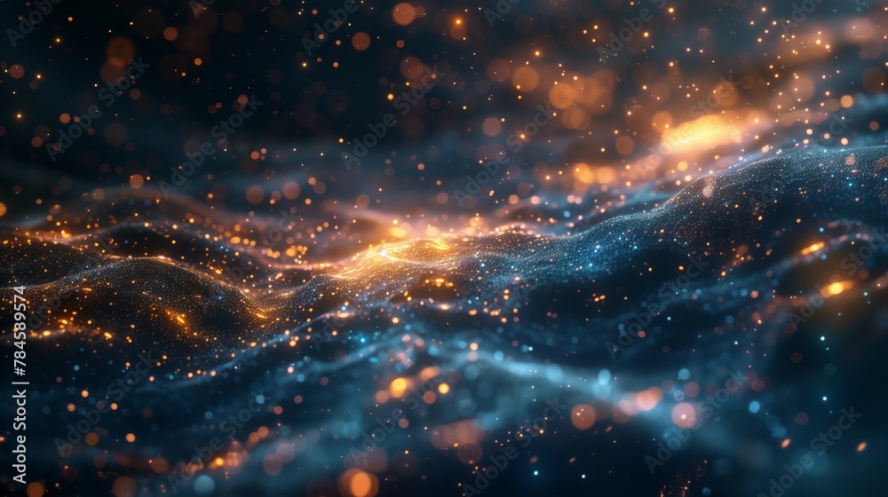 A digital depiction of a cosmic landscape featuring a galaxy floating in space