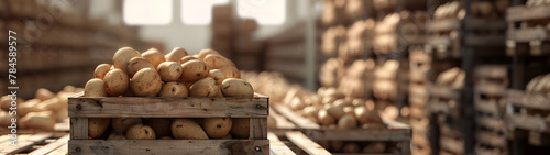 Potatoes harvested in wooden boxes in a warehouse. Natural organic fruit abundance. Healthy and natural food storing and shipping concept.