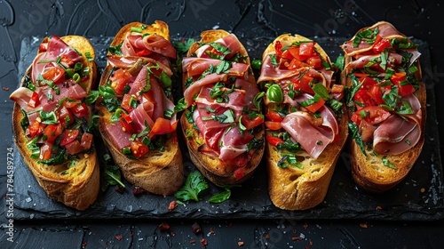 Vibrant bruschetta on artisan bread with fresh herbs. Generative AI