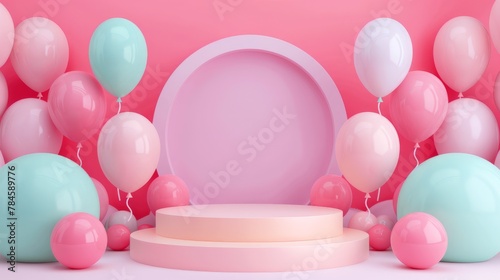 An empty white podium, against a background of multicolored balloons, delicate color. A children's holiday showcase for displaying goods. 3D rendering.