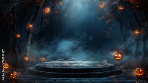 An empty round podium on a dark Halloween pumpkin background. A showcase for displaying goods. 3D rendering.