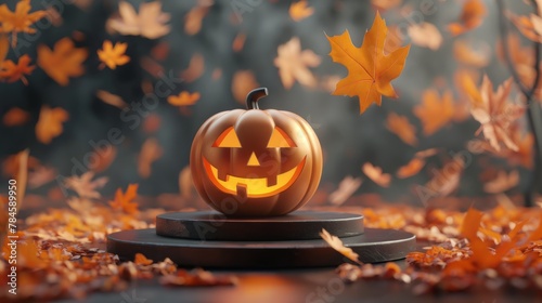 Pumpkin glowing on the stage, autumn leaves falling, halloween background.