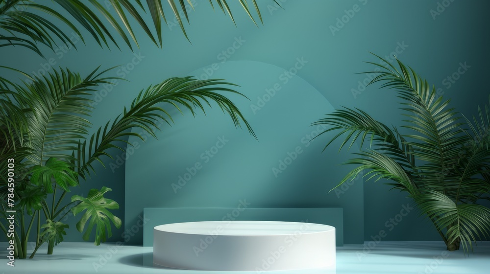 A palm tree and an empty podium. minimalism. An empty showcase for displaying goods. 3D rendering. A palm tree and an empty podium. minimalism. An empty showcase for displaying goods. 3D rendering.