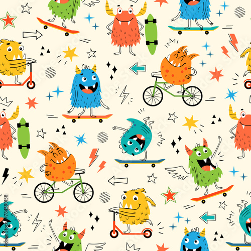 Seamless pattern of funny colorful monsters riding skateboards, scooters and bicycles. Baby, kids boy wrapping paper, textile design. © fireflamenco