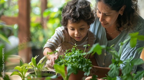 A child and parent working together to repot a houseplant  sharing a moment of learning and bonding over the care of their green companions.