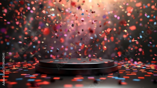 An empty round podium on a background of flying glitter. A festive showcase for displaying goods. 3D rendering. photo