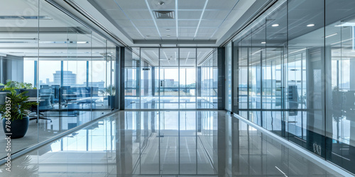 Modern corporate office hallway with glass walls and a potted plant in the center of the room