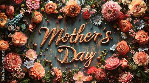 A vibrant and colorful assortment of flowers surrounds wooden letters spelling outMother's Day on a textured background. photo