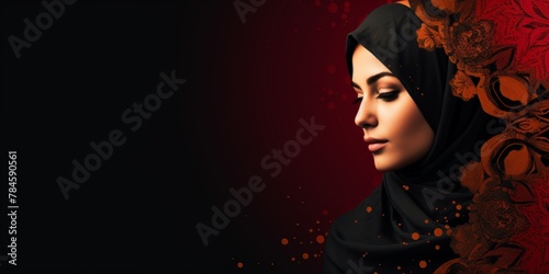 beautiful arabic person on a dark red background with arabic pattern and lot of negative space, banner for Arabic american Heritage Month  photo
