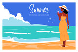 Summer and Travel concept design. Young woman with cocktail looking on tropical beach with palm tree