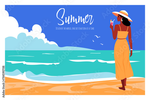 Summer and Travel concept design. Young woman with cocktail looking on tropical beach with palm tree