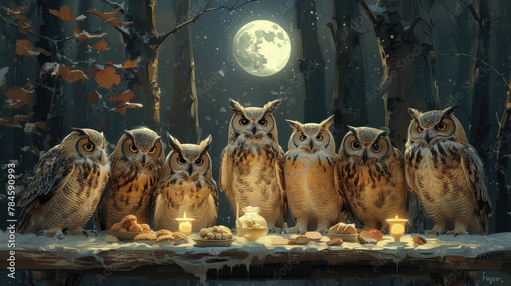 Owls Enjoying a Moonlit Feast in an Enchanting Woodland Setting