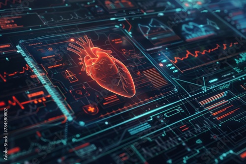 Computer screen with anatomic heart with an interface with medical information. Electronic health record (EHR) concept. Medical futuristic technology.