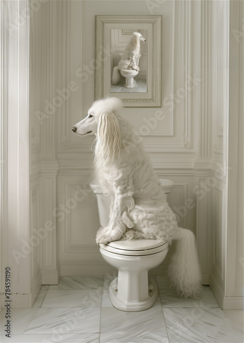 Chien blanc assis sur une toilette blanche et regarde par la fenêtre