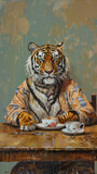 tiger in pajamas seated at the dining table