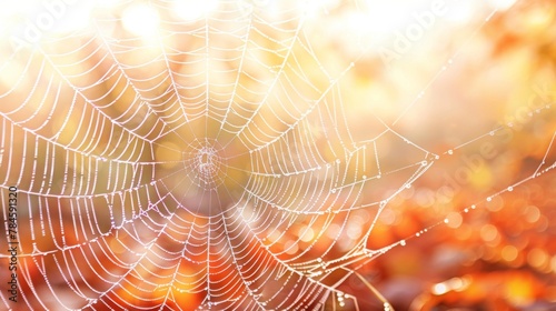 Dew-Kissed Spiderweb on a Sunny Autumn Morning